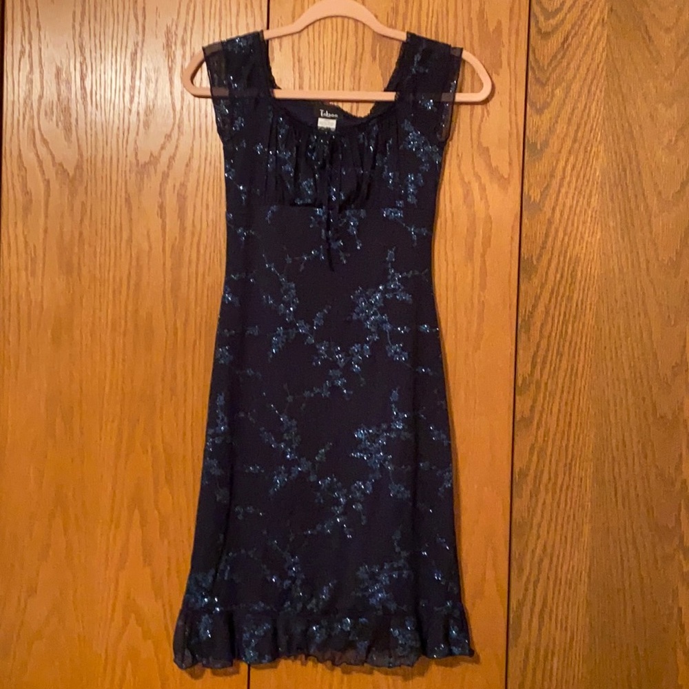 Size SMALL Taboo Dress in Navy with floral detail in light blue/teal glitter